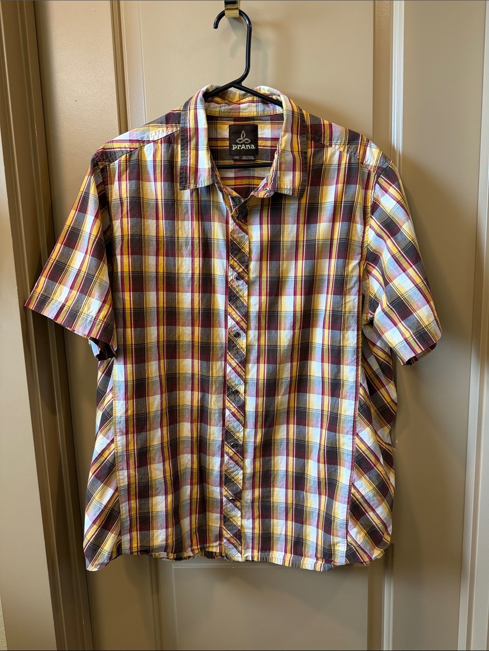 Prana Short-Sleeve Plaid Snap Front Shirt in Brown, Yellow & White